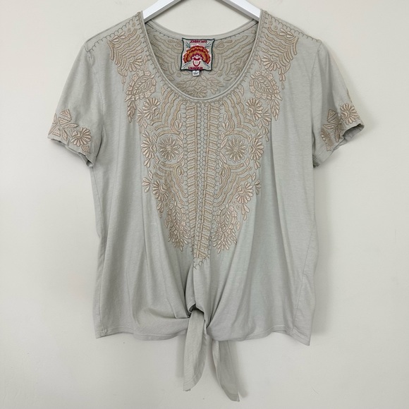 Johnny Was Rita Knot Tie Front Short Sleeve Tee Embroidered Gray Taupe - Picture 2 of 9